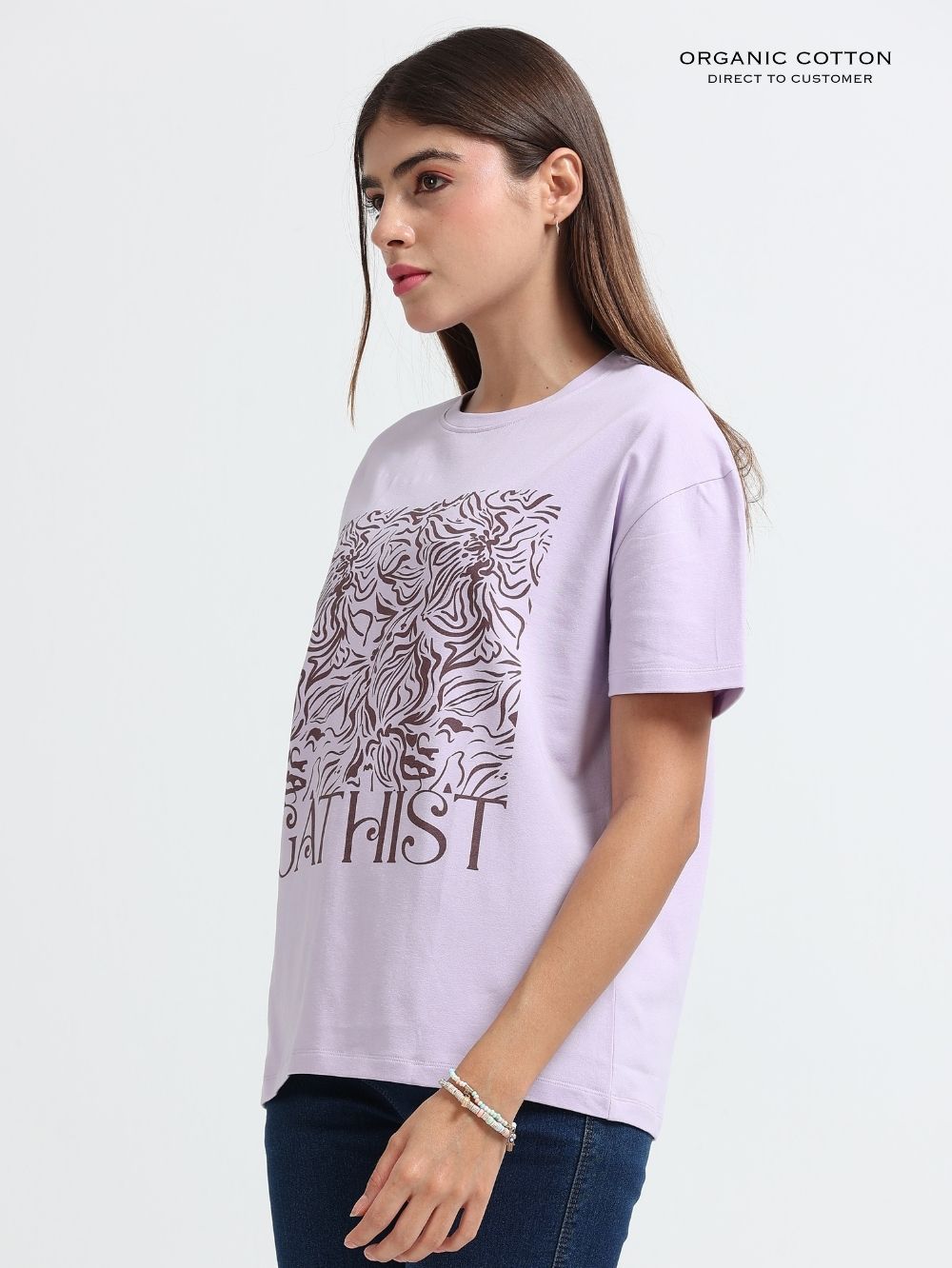 Womens Organic Cotton Agathist Floral Print Oversize T-Shirt - Light Purple