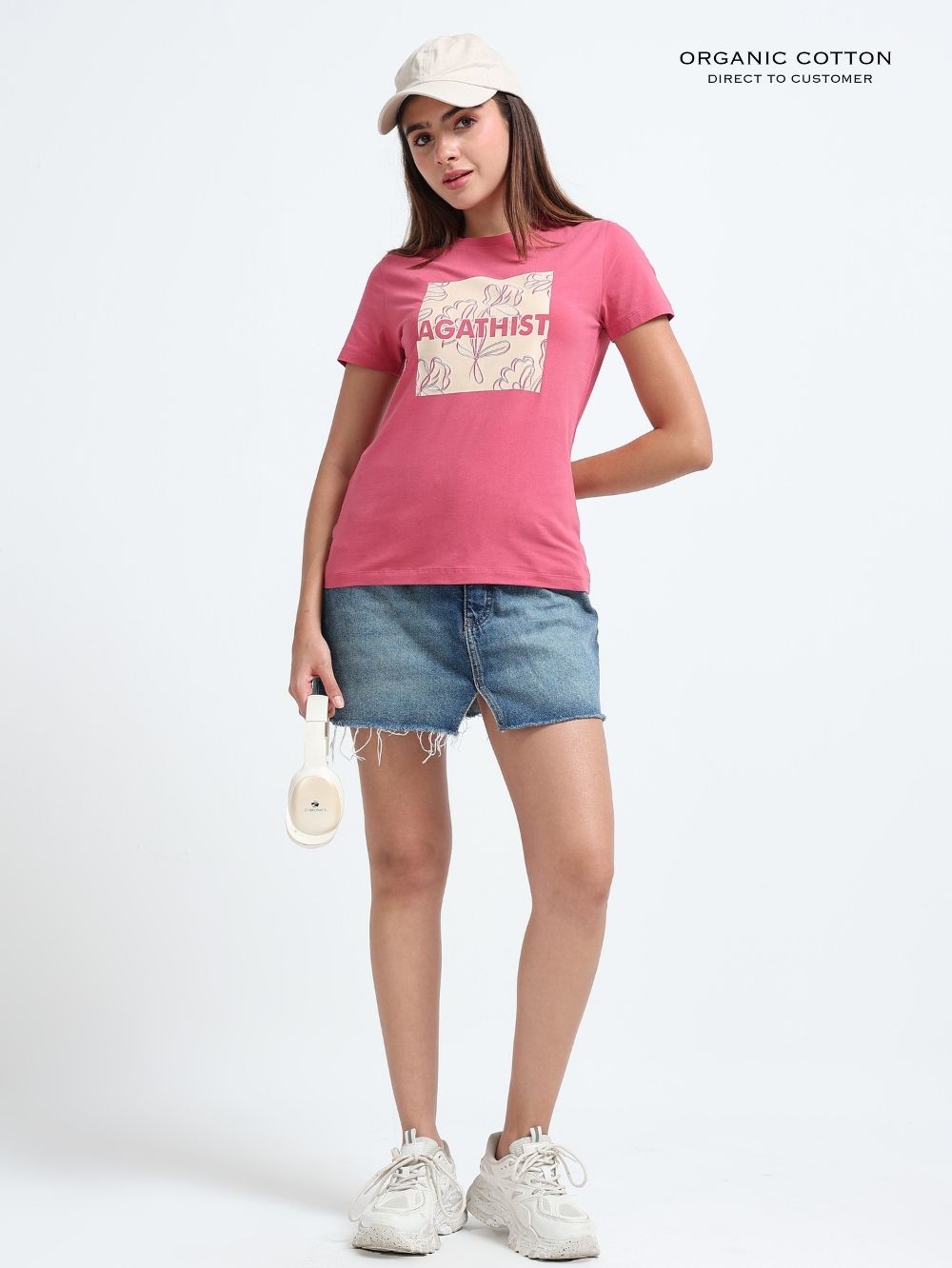 Womens Soft Cotton Printed T-Shirt with Floral Typography – Dark Pink