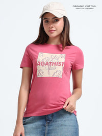 Womens Soft Cotton Printed T-Shirt with Floral Typography – Dark Pink