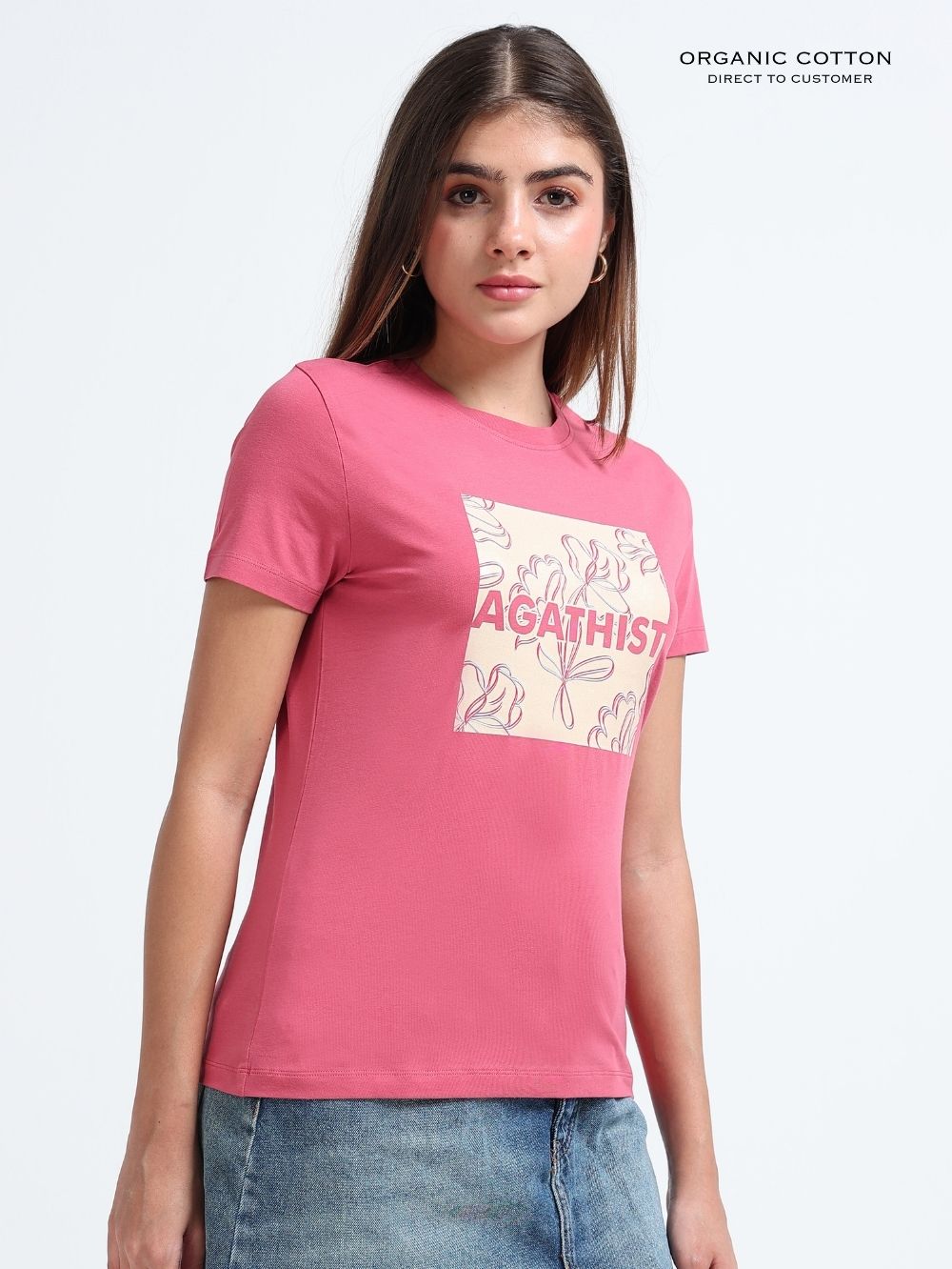 Womens Soft Cotton Printed T-Shirt with Floral Typography – Dark Pink