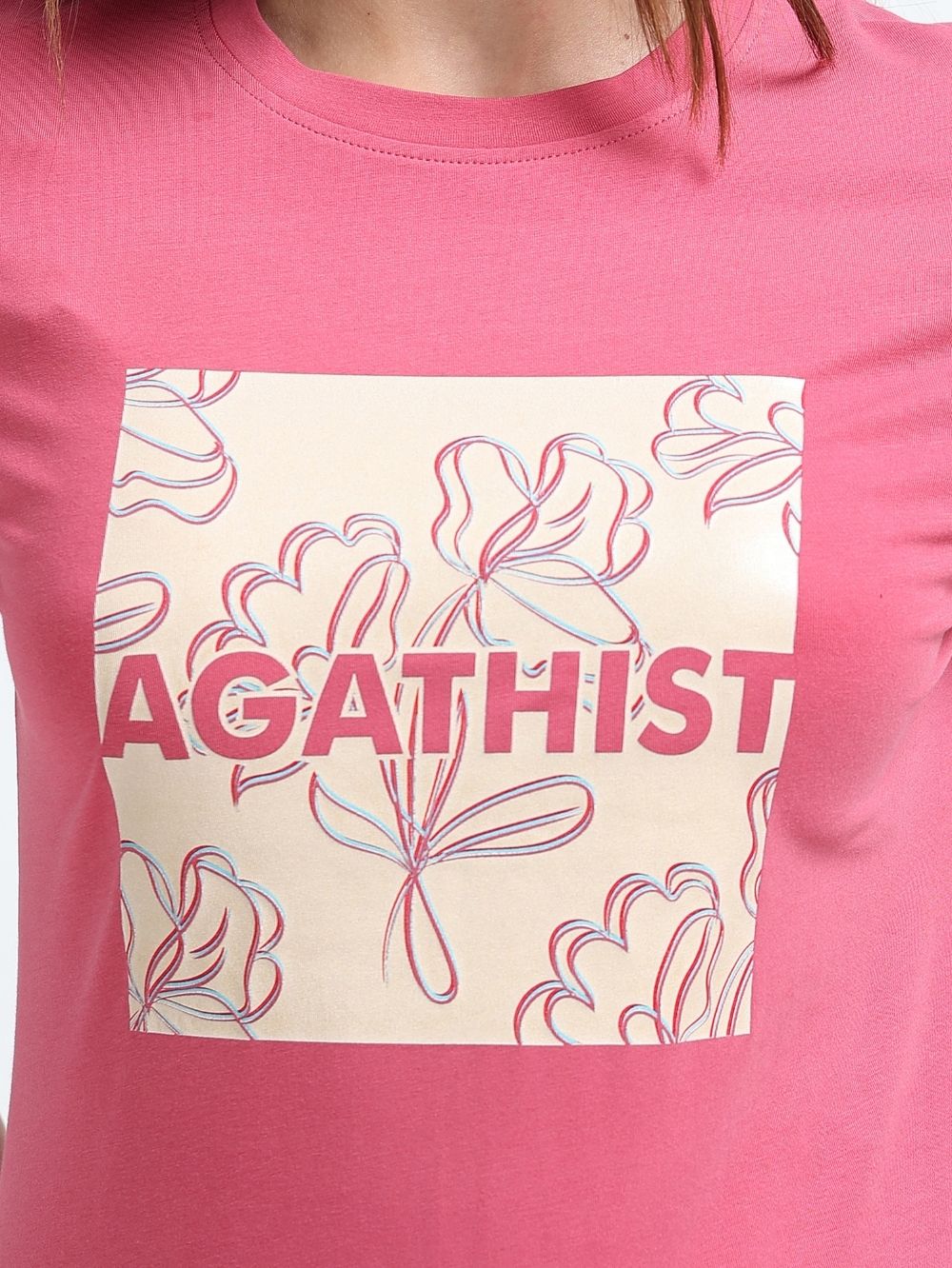 Womens Soft Cotton Printed T-Shirt with Floral Typography – Dark Pink