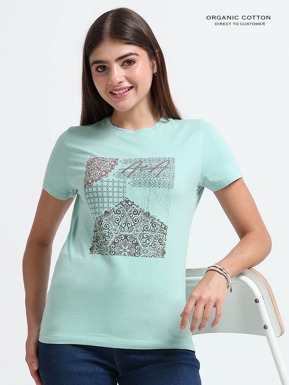 Womens Elegant Abstract Art Printed T-Shirt - Cameo Green