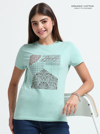 Womens Elegant Abstract Art Printed T-Shirt - Cameo Green