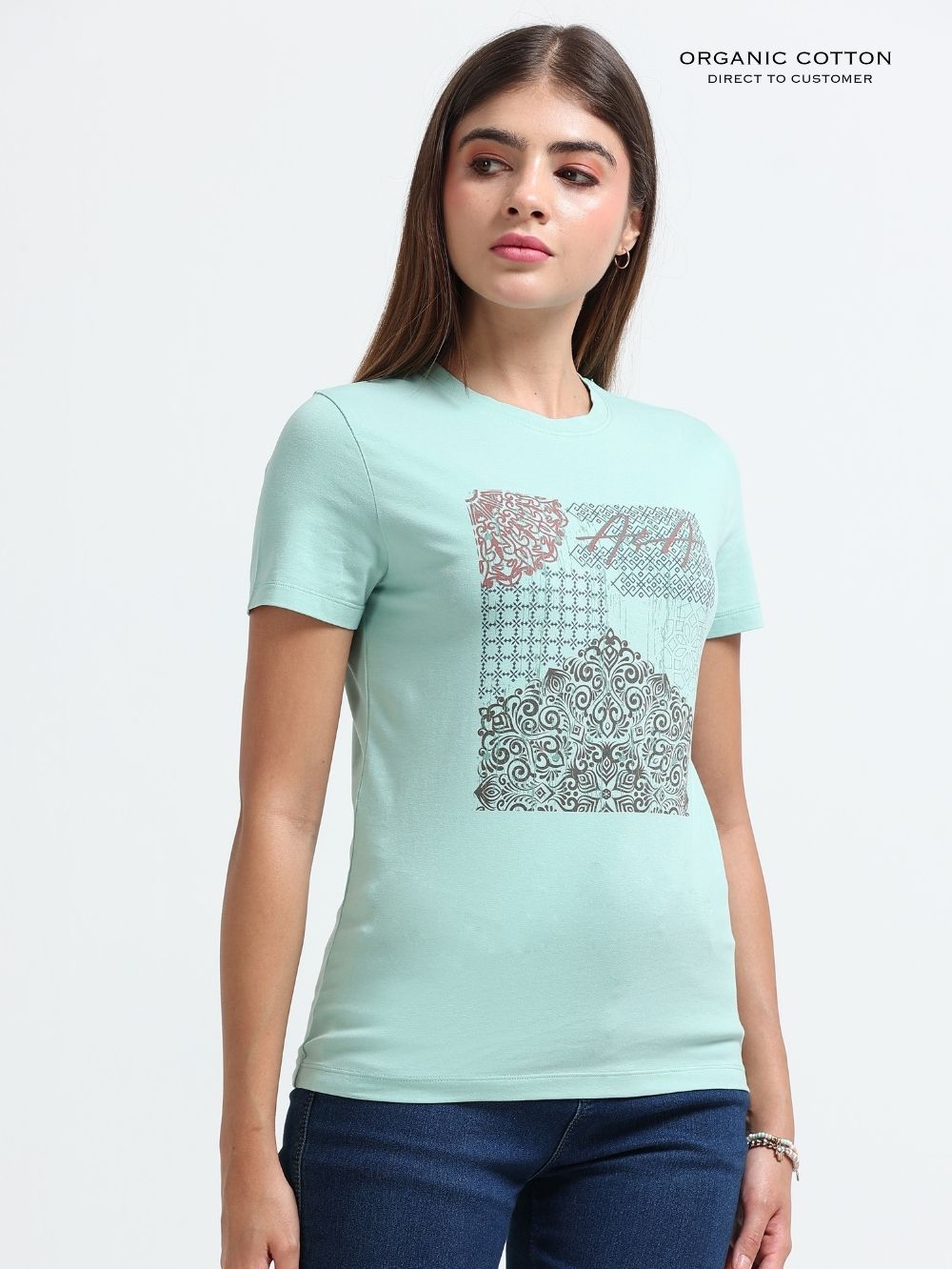 Womens Elegant Abstract Art Printed T-Shirt - Cameo Green