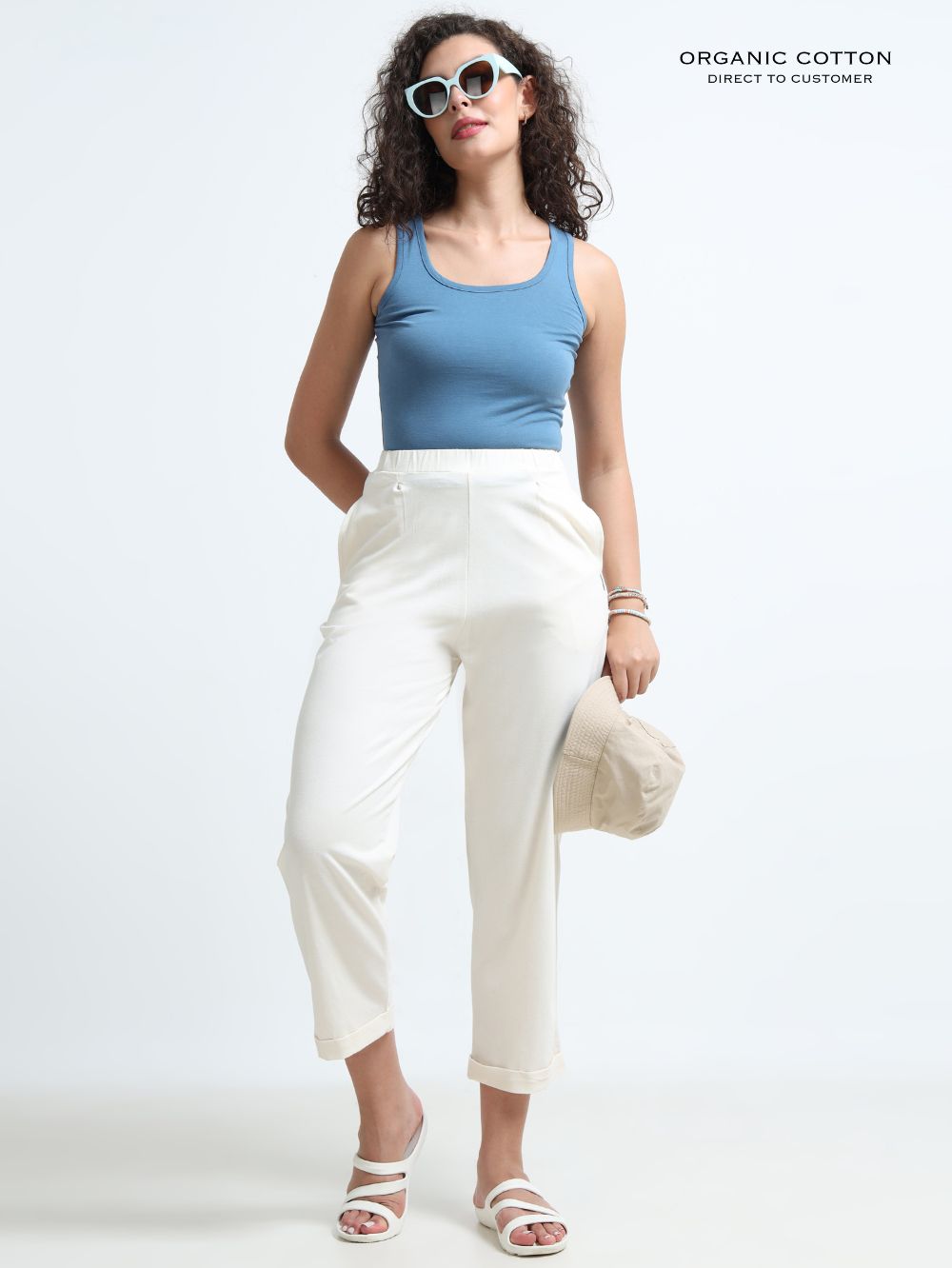 Beige Organic Cotton Womens Folded Fit Pant