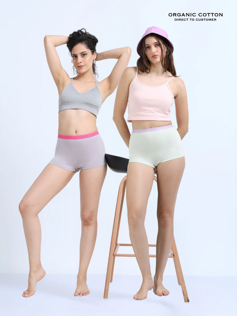 Gull Grey and Canary Green Organic Cotton Boy Shorts Outer Waistband for Women - Pack of 2