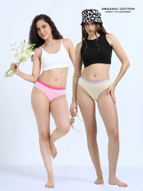 Pink and Baby Yellow Organic Cotton Mid-Waist Panty for Women - Pack of 2