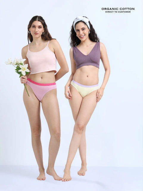 Pink and Baby Yellow Organic Cotton Outer Waistband Bikini Panty for Women - Pack of 2