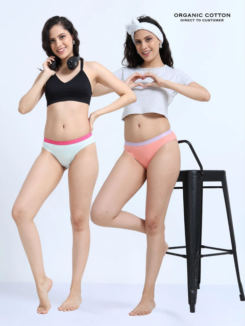 Sky Light and Peach Amber Organic Cotton Outer Waistband Bikini Panty for Women - Pack of 2
