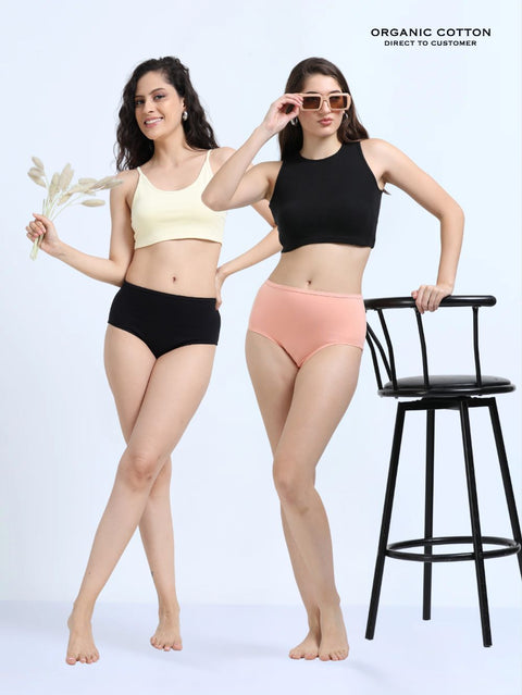 Black and Peach Amber Organic Cotton High Waist Panty Inner Waistband for Women - Pack of 2