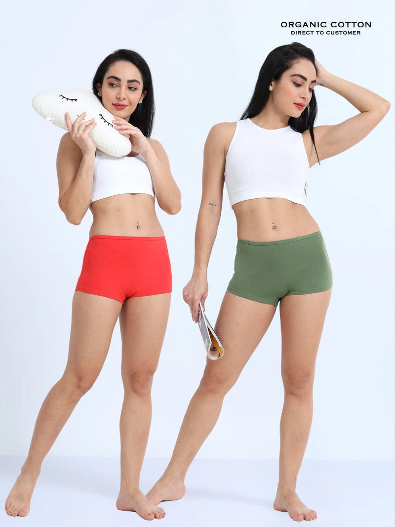 Red and Vineyard Green Organic Cotton Boy Shorts for Women - Pack of 2
