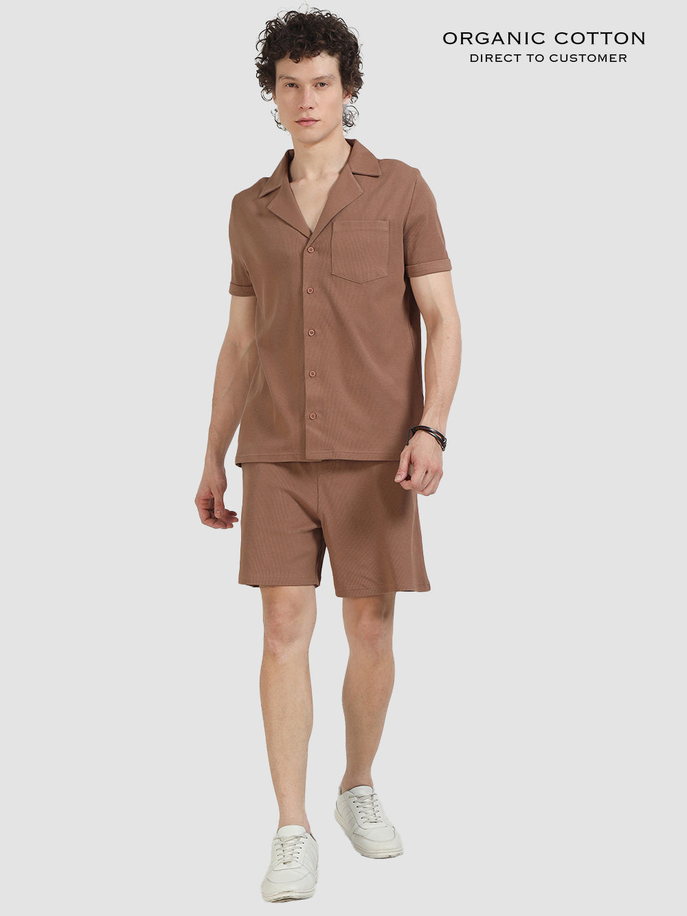 Wood Brown Organic Cotton Men's Relaxed Ribbed, Cuban Collared Co-Ord Set