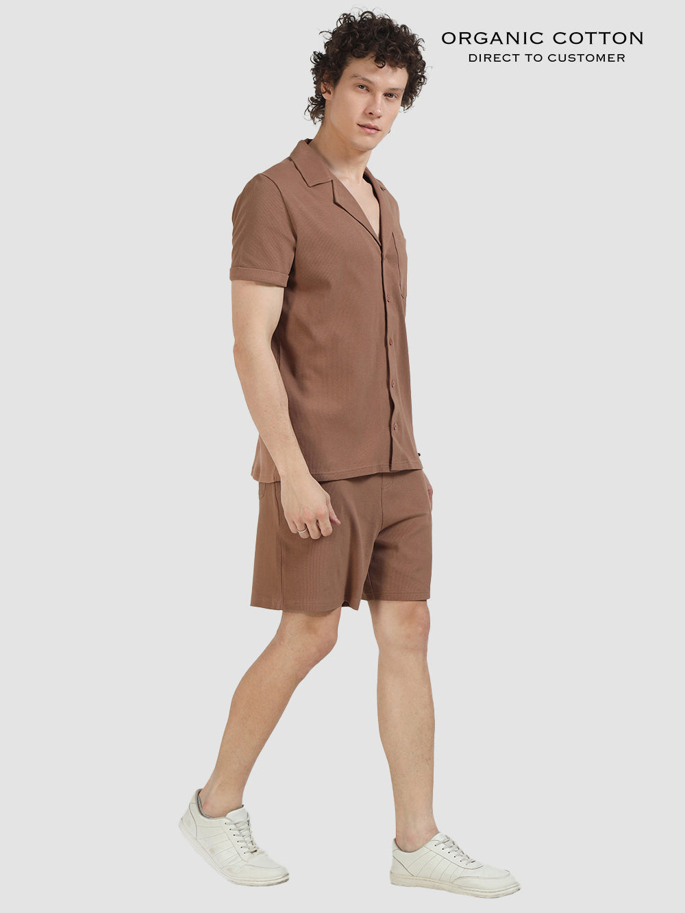Wood Brown Organic Cotton Men's Relaxed Ribbed, Cuban Collared Co-Ord Set