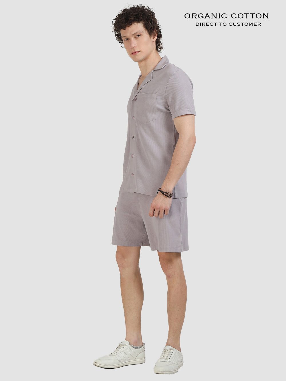 Gull Grey Organic Cotton Men's Relaxed Ribbed, Cuban Collared Co-Ord Set