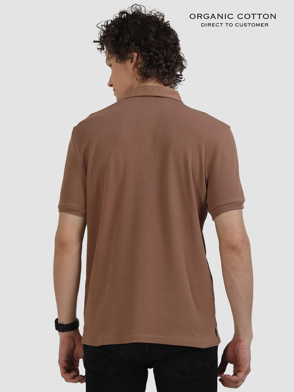 Wood Brown Organic Cotton Ribbed Polo T-Shirt for Men