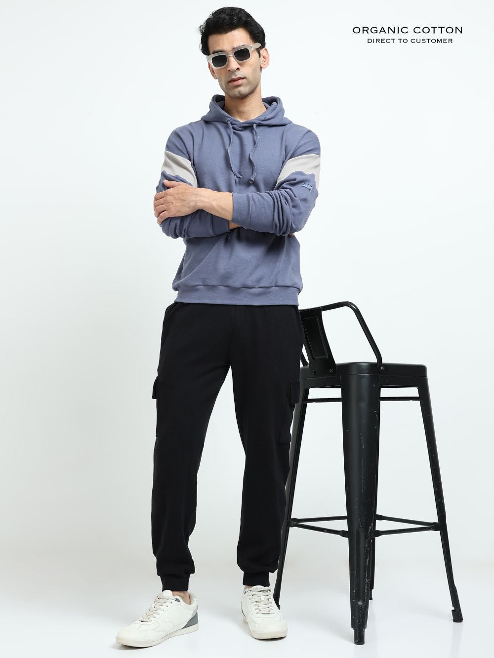 Blueish Grey Organic Cotton Casual Hoodie for Men