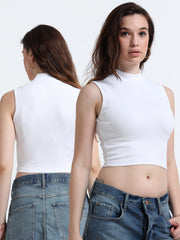 WHITE ORGANIC COTTON RIB SLEEVE LESS HIGH NECK FITTED CROP TOP