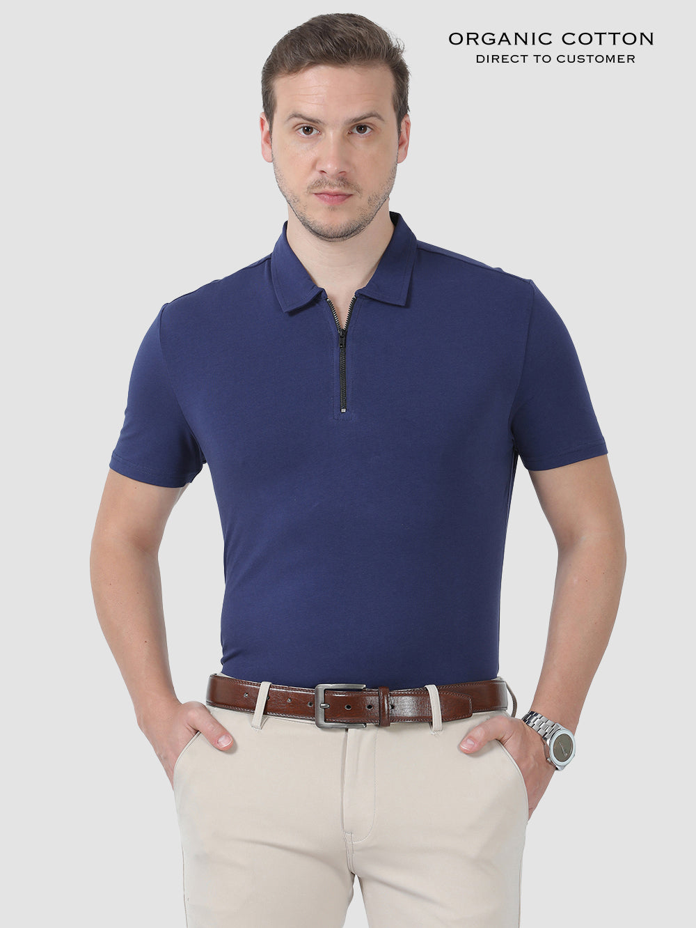 Medival Blue Organic Cotton Zipper Polo T-Shirt for Men