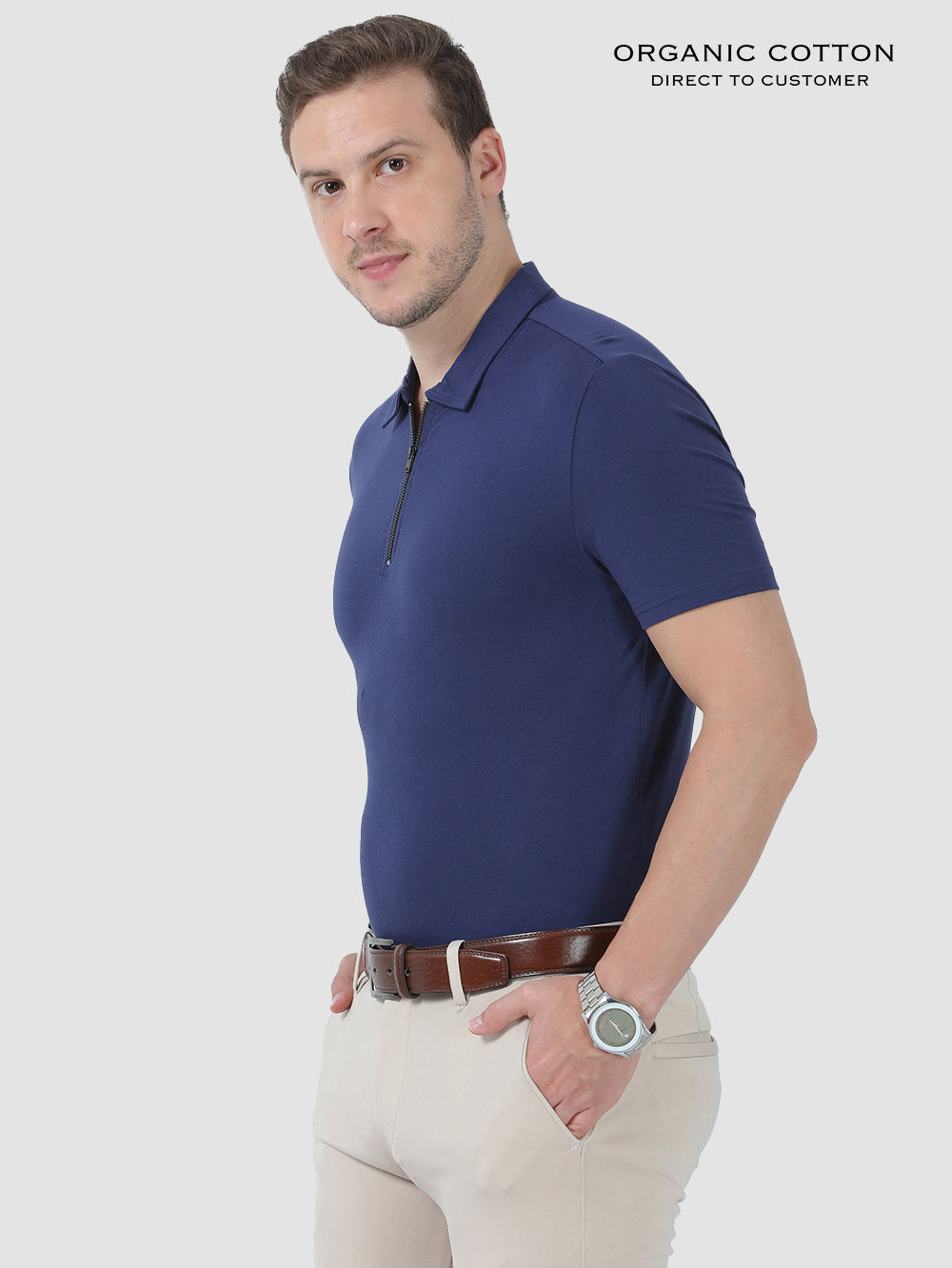 Medival Blue Organic Cotton Zipper Polo T-Shirt for Men