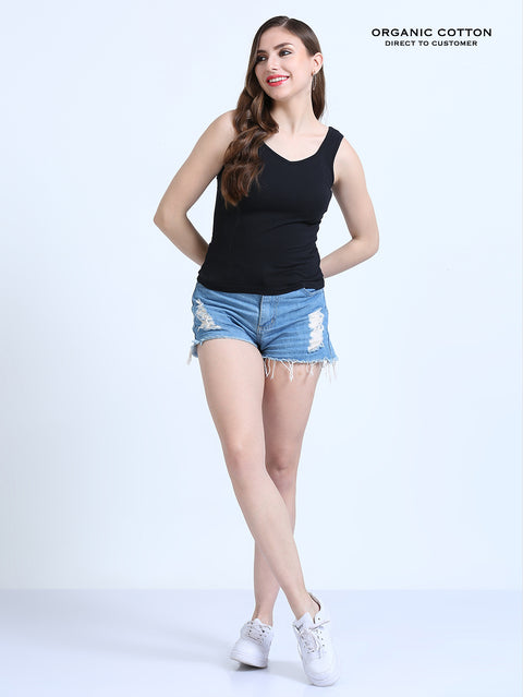 Black and Black Wide-Strap Organic Cotton Camisole for Women-Pack of 2