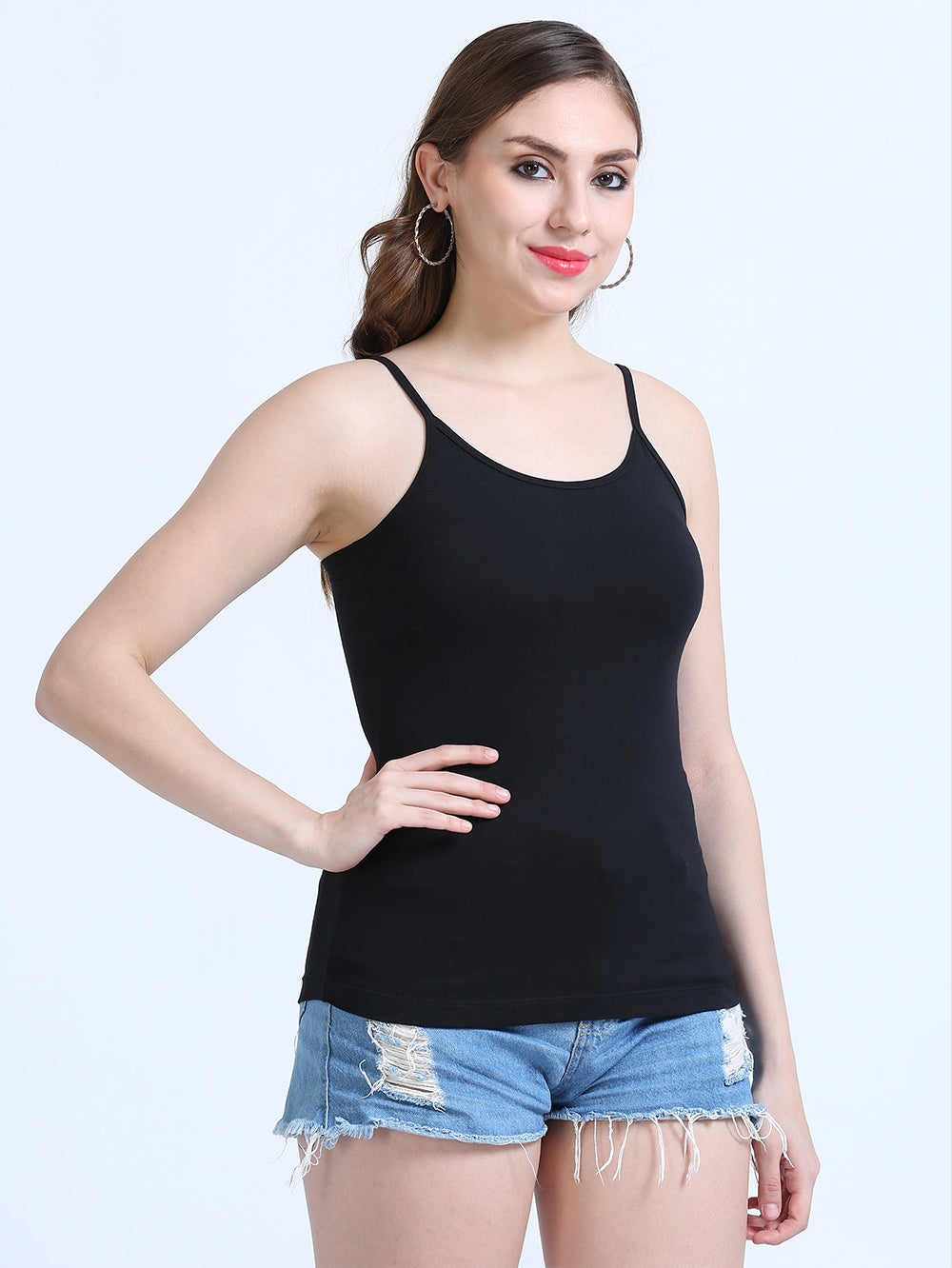 Black and Black Thin-Strap Organic Cotton Camisole for Women - Pack of 2
