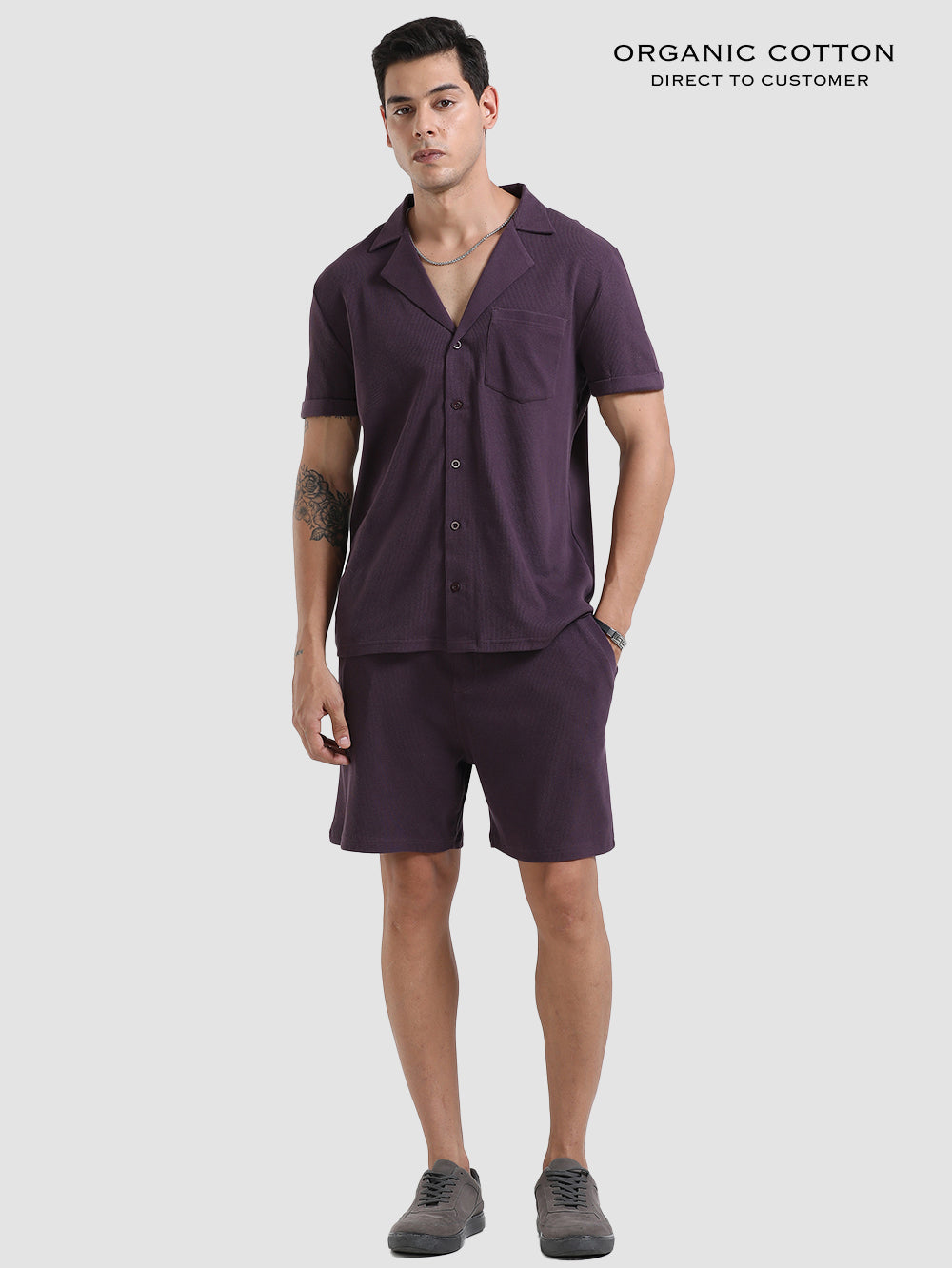 Wine Organic Cotton Men's Relaxed Ribbed, Cuban Collared Co-Ord Set