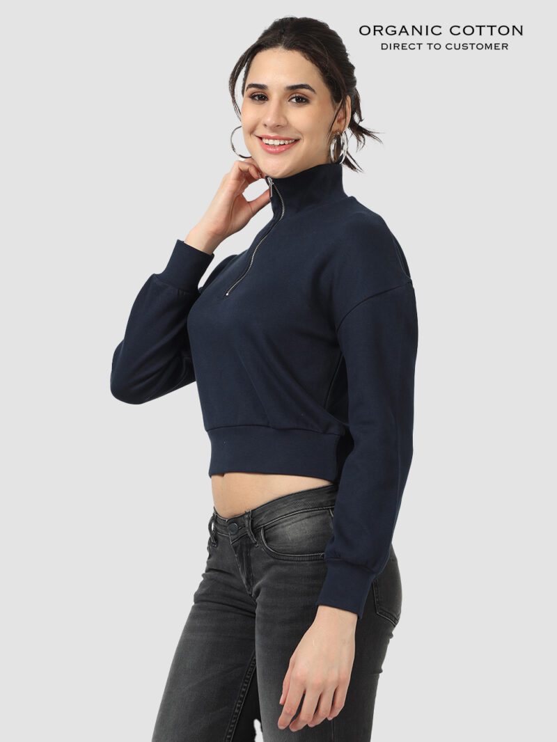 Zip-Up Collared Crop Tee with Drop Shoulders & Full Sleeves