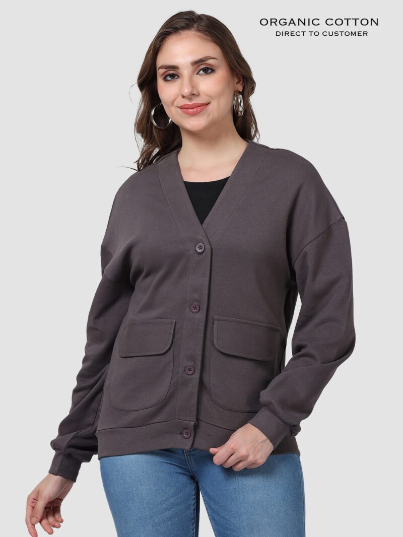 Dark Grey Organic Cotton Button-Up Cardigan with Utility Pockets