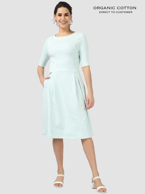 Sky Light Organic Cotton Pleated Midi Dress with Half Sleeves