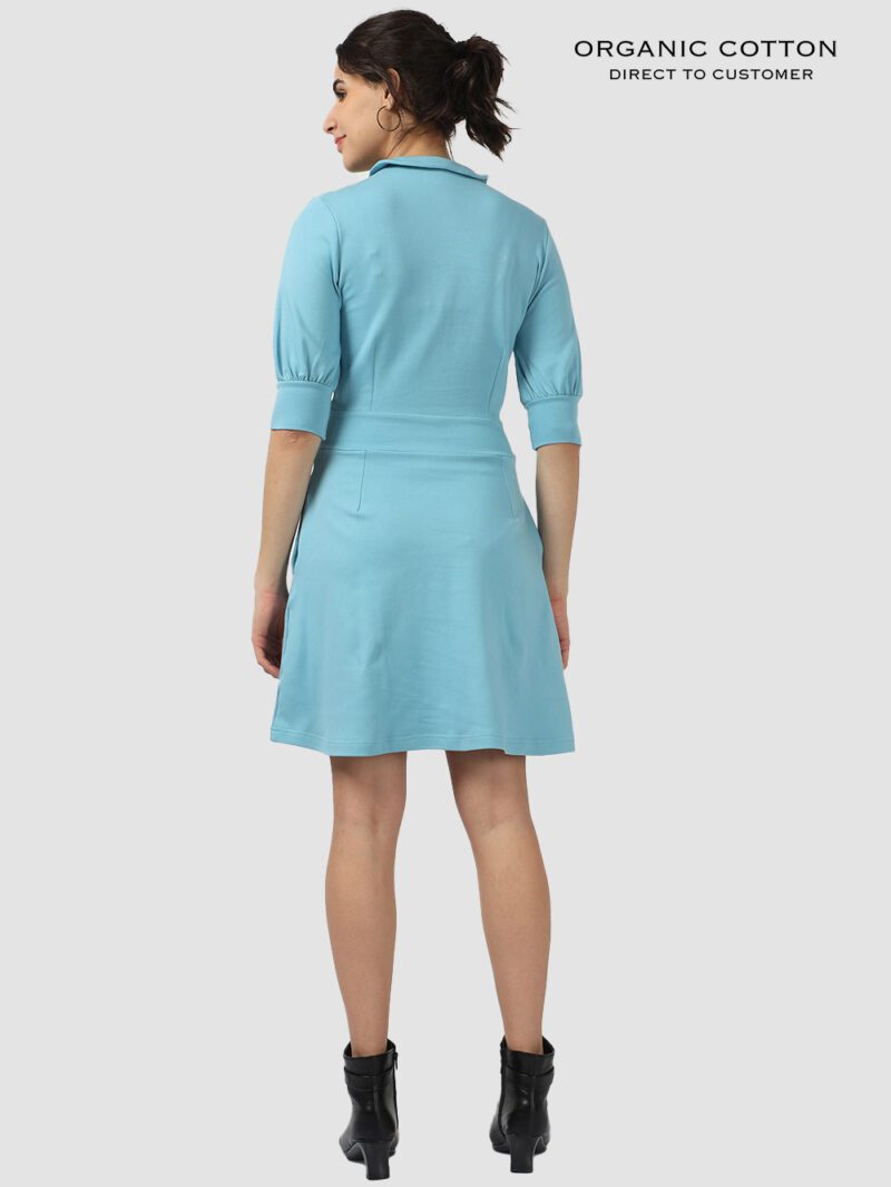 Delphinium Blue Organic Cotton Collared Button-Up Dress with Bishop Sleeves & Pockets