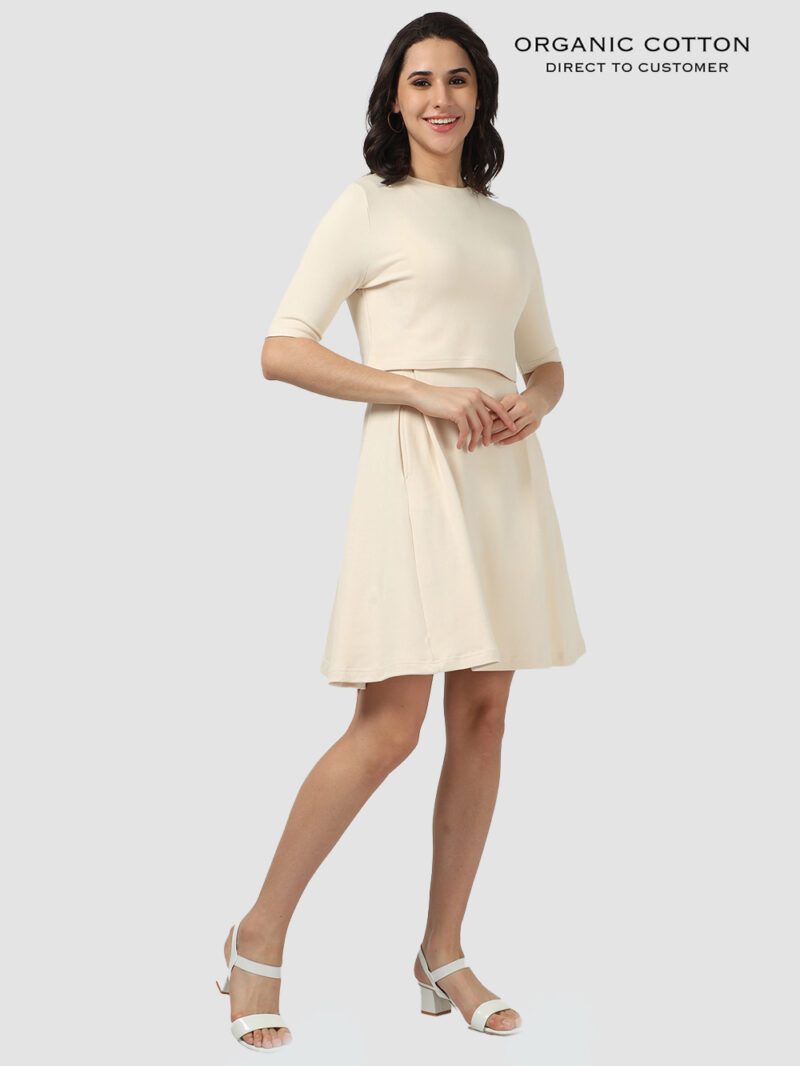 Beige Organic Cotton 2-Piece Dress Set with Crop Tee & Pockets