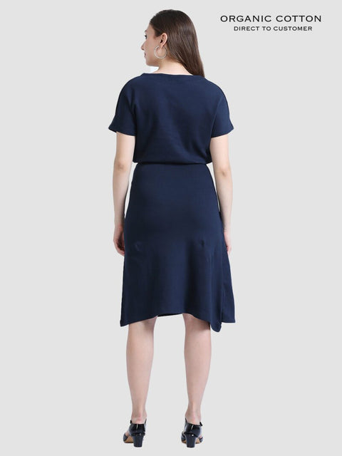 Navy Organic Cotton Cap Sleeve Dress with Fitted Waist & Pockets