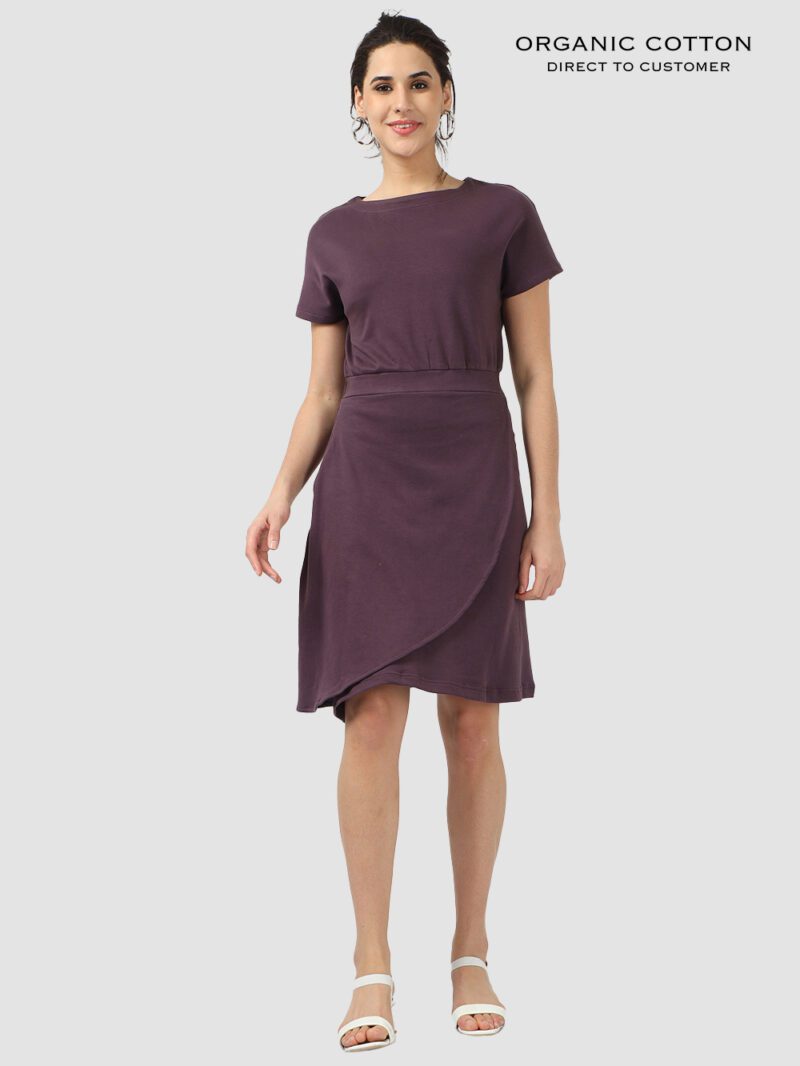 Wine Organic Cotton Cap Sleeve Dress with Fitted Waist & Pockets