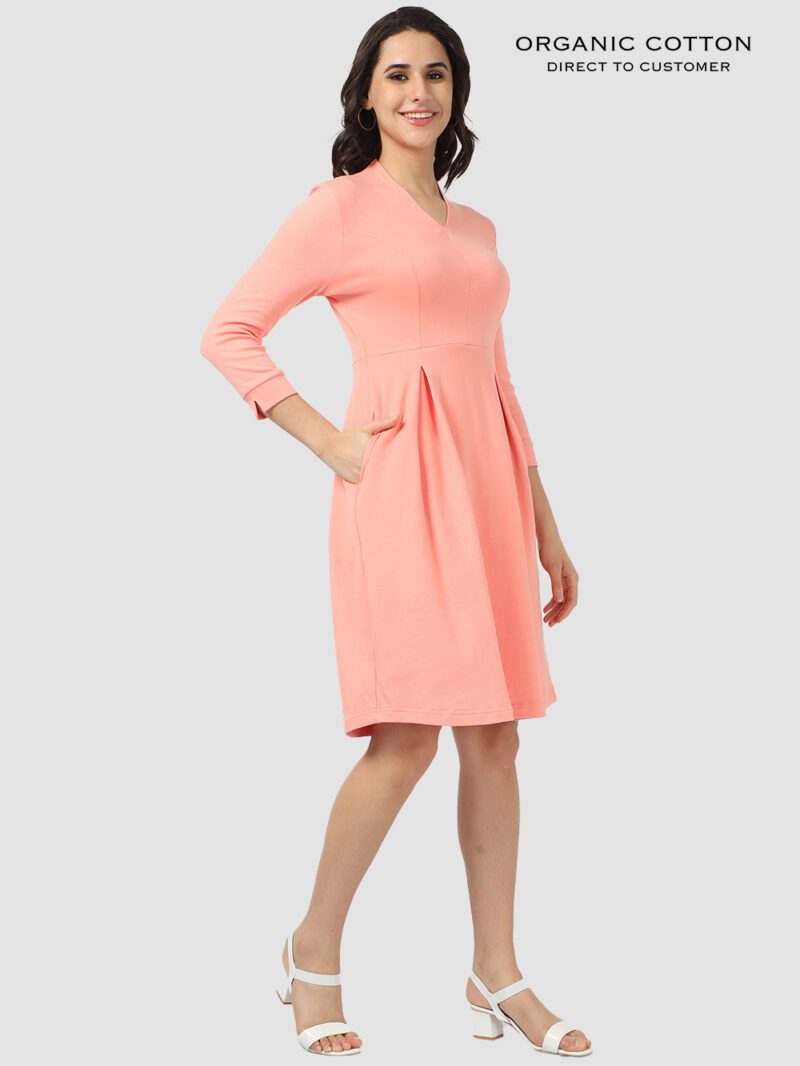 Peach Amber Elegant V-Neck Organic Cotton Dress with Pockets