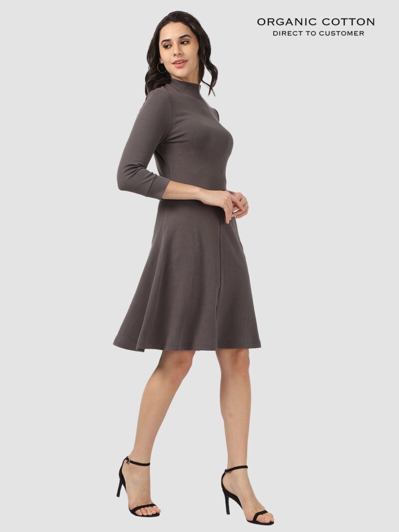 Dark Grey Organic Cotton High-Neck 3/4 Sleeve Dress