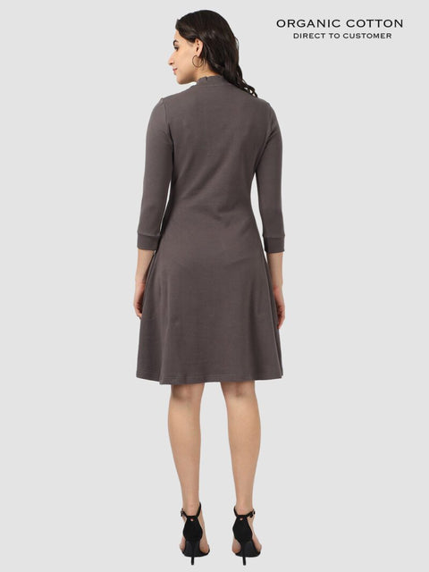 Dark Grey Organic Cotton High-Neck 3/4 Sleeve Dress