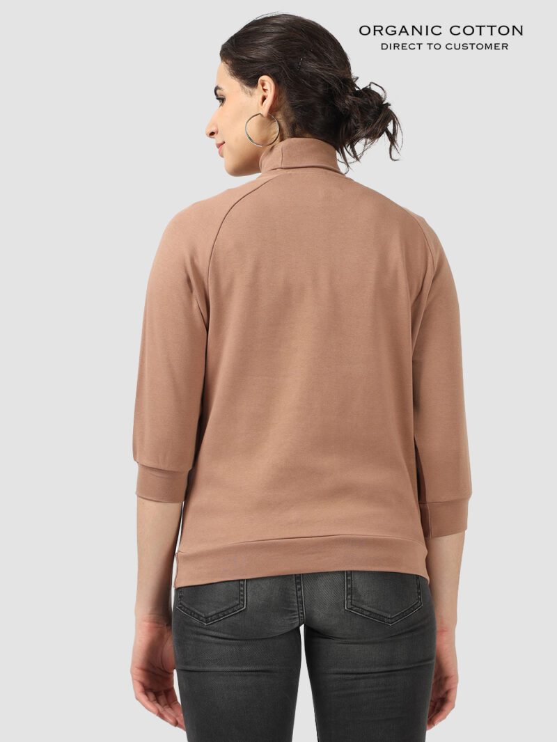 Wood Brown High Neck Raglan Sleeve Cotton Pullover