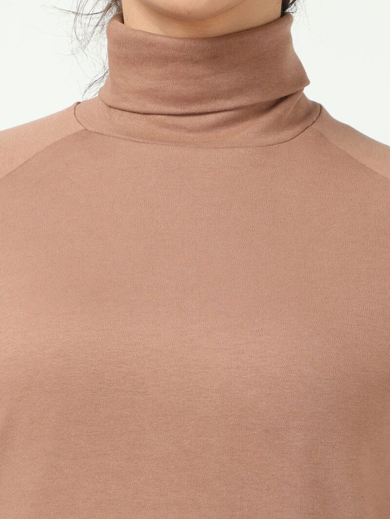 Wood Brown High Neck Raglan Sleeve Cotton Pullover