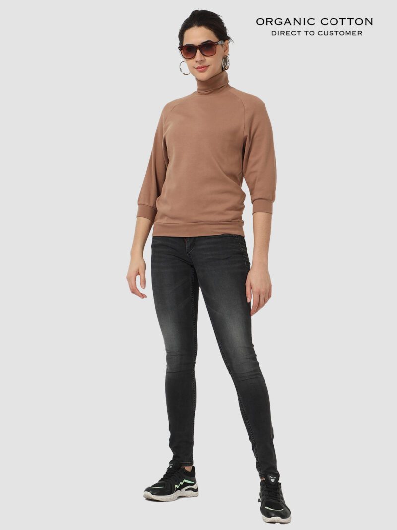 Wood Brown High Neck Raglan Sleeve Cotton Pullover