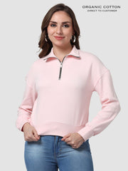 Zip-Up Collared Crop Tee with Drop Shoulders & Full Sleeves