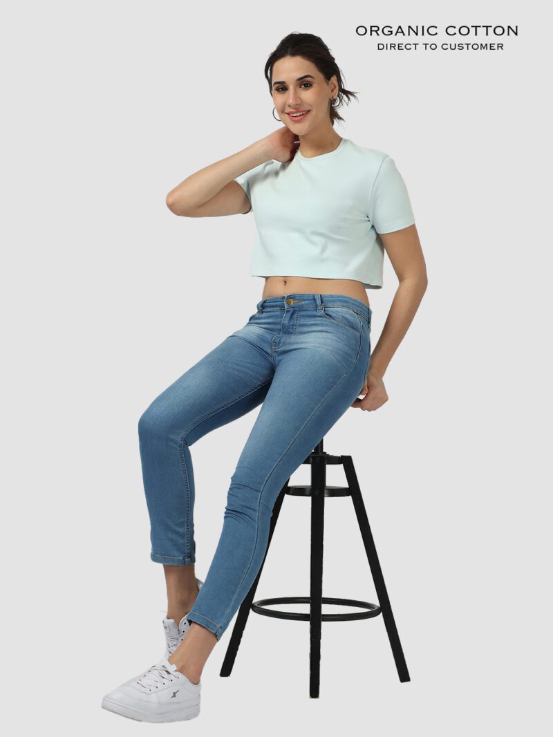 Sky Light Round Neck Organic Cotton Crop Tee with Short Sleeves