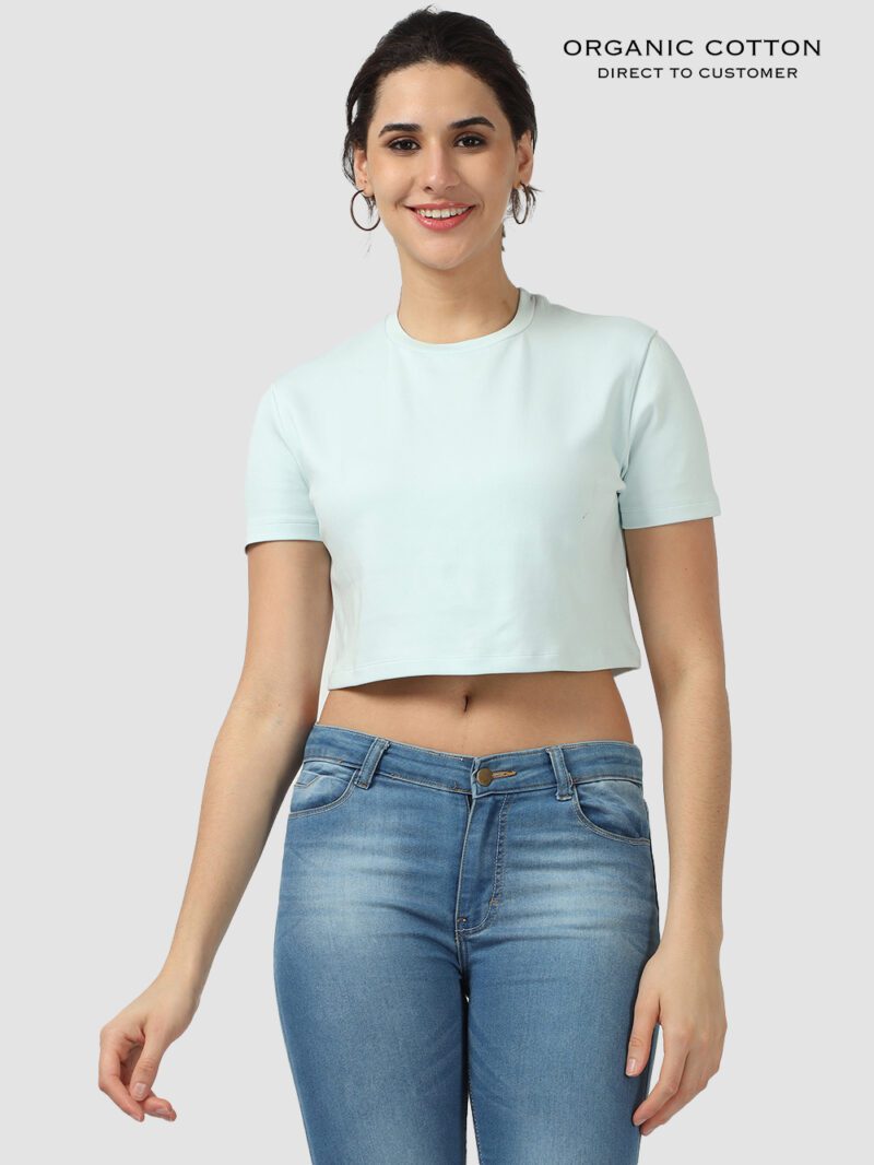 Sky Light Round Neck Organic Cotton Crop Tee with Short Sleeves