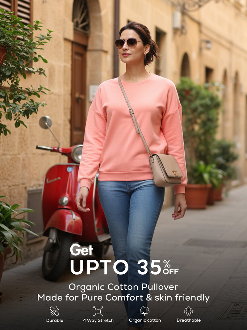 Mid Coral Relaxed Fit Drop Shoulder Cotton Pullover