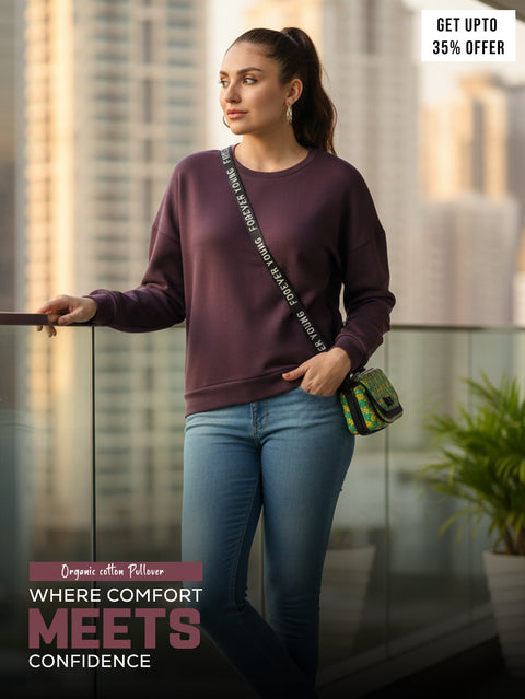 Wine Relaxed Fit Drop Shoulder Cotton Pullover